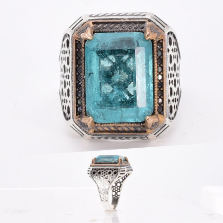 Inel argint barbatesc masiv cu apatit, stil vintage otoman [2]