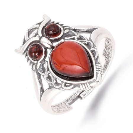 Inele argint cu pietre - Inel argint ajustabil cu chihlimbar Bufnita