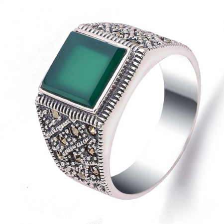 Inel argint barbati - agat verde, marcasite [0]