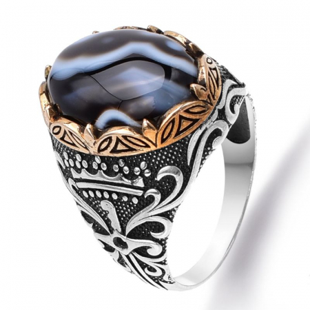 Inel argint barbati cu agat negru cu benzi [0]