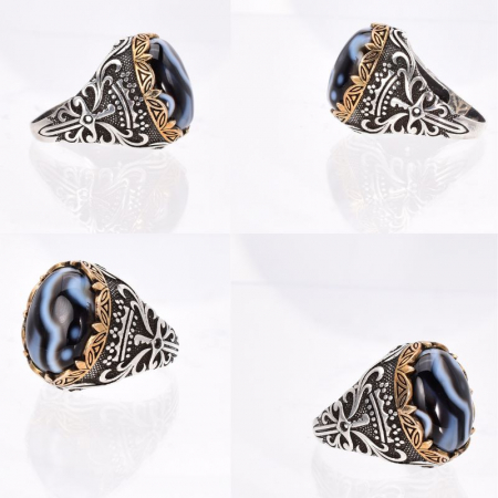 Inel argint barbati cu agat negru cu benzi [1]