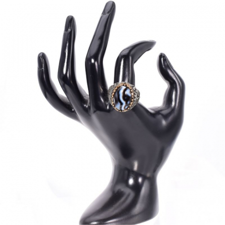 Inel argint barbati cu agat negru cu benzi [2]