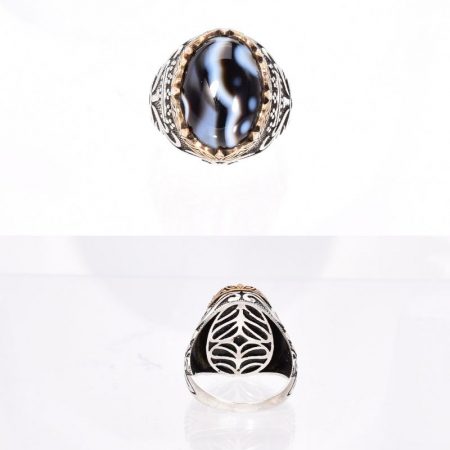 Inel argint barbati cu agat negru cu benzi [3]