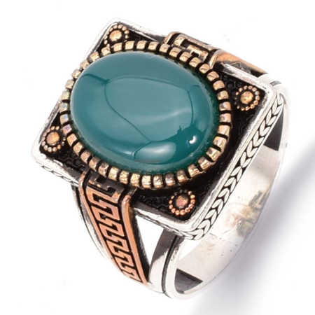 Inel argint barbati cu agat verde dreptunghiular