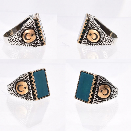 Inel argint barbati cu agat verde dreptunghiular plat, Steagul Turciei, 65-66 [1]