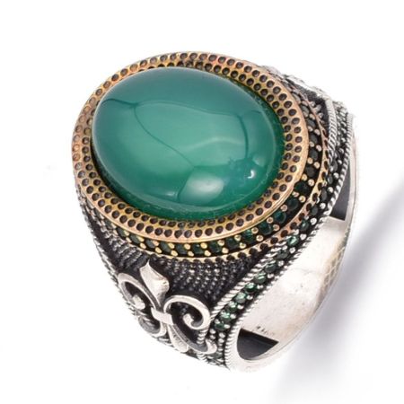 Inel argint barbati cu agat verde Fleur de Lis