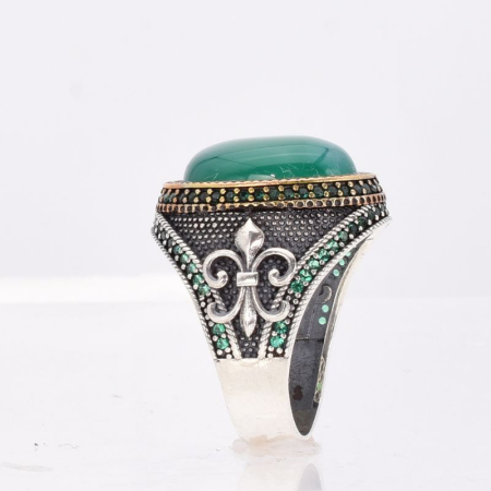 Inel argint barbati cu agat verde Fleur de Lis [2]
