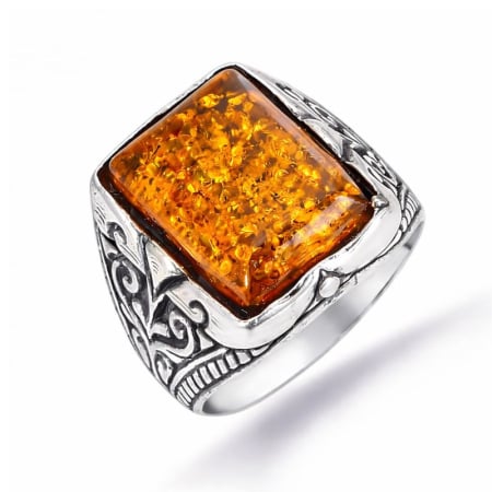 Bijuterii pietre semipretioase - Inel argint barbati cu chihlimbar Baltic Titan