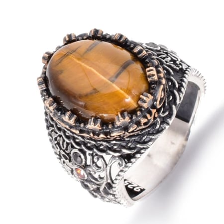 Inele argint cu pietre - Inel argint barbati cu ochi de tigru Coroana Soarelui