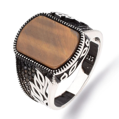 Inele argint cu pietre - Inel argint barbati cu ochi de tigru plat