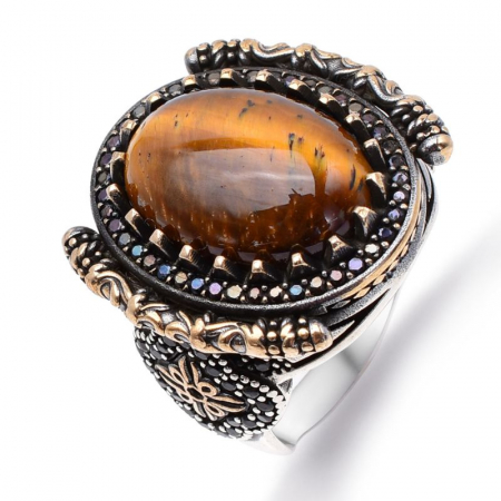 Inel argint barbati cu ochi de tigru si CZ Crucea Celtica [0]