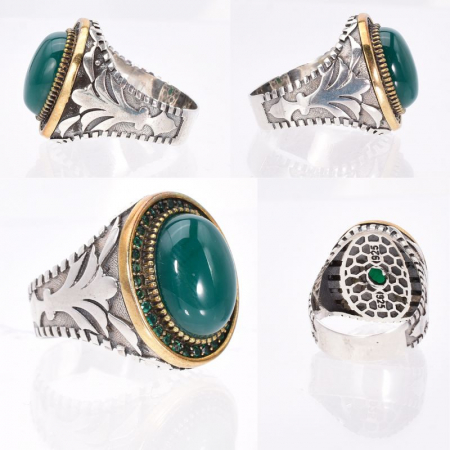 Inel argint barbati cu agat verde cab oval si CZ [1]