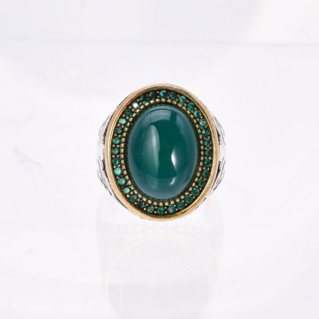 Inel argint barbati cu agat verde cab oval si CZ [2]