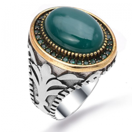 Inel argint barbati cu agat verde cab oval si CZ [0]
