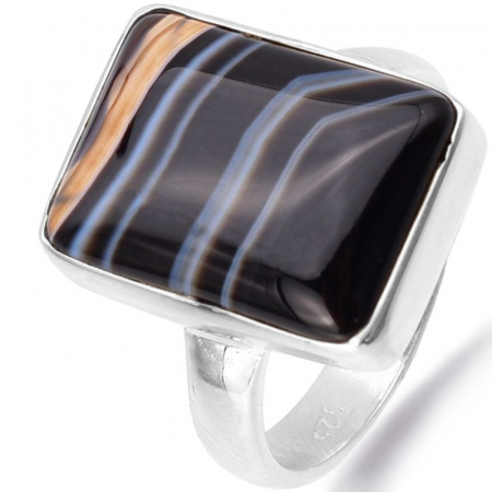 Inel argint cu agat negru cu benzi, dreptunghiular [0]