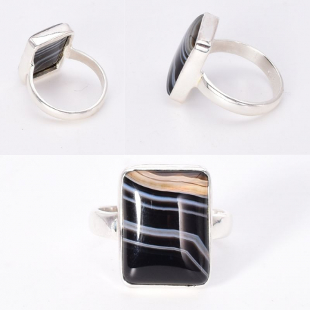 Inel argint cu agat negru cu benzi, dreptunghiular [1]
