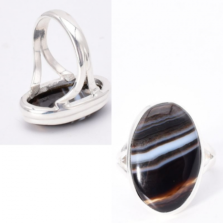 Inel argint cu agat negru cu benzi, oval [1]