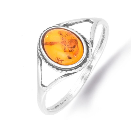 Bijuterii pietre semipretioase - Inel argint cu chihlimbar cognac, funie rasucita