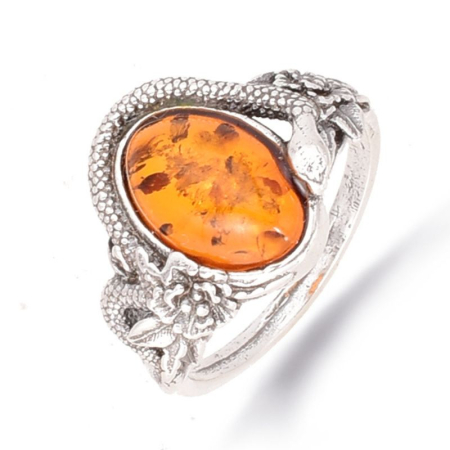 Bijuterii pietre semipretioase - Inel argint cu chihlimbar Sarpe si Flori