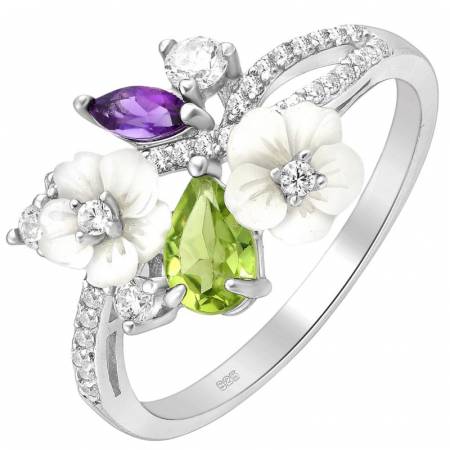 Inele argint cu pietre - Inel argint floral cu sidef, peridot, ametist