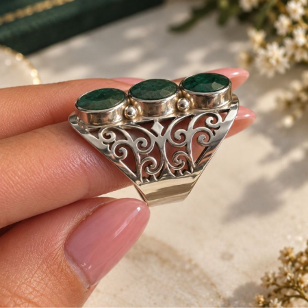 Inel argint lat cu safir verde x 3 [2]