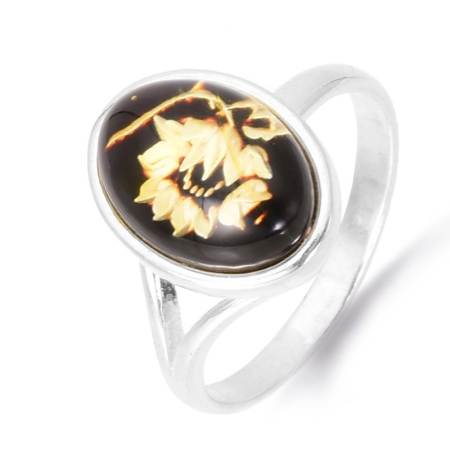 Inele argint cu pietre - Inel argint reglabil cu chihlimbar cameo Floarea Soarelui