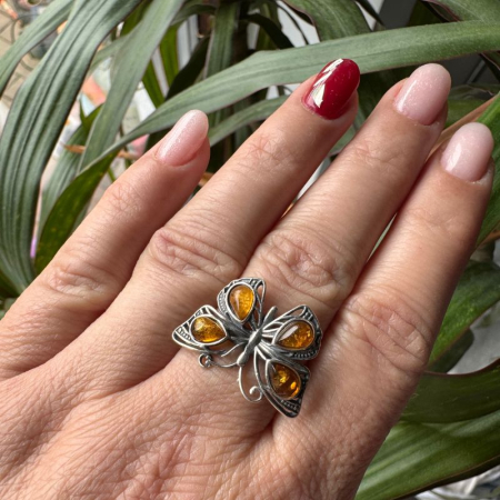 Inel argint reglabil cu chihlimbar Fluture [2]