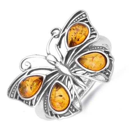 Inele argint cu pietre - Inel argint reglabil cu chihlimbar Fluture