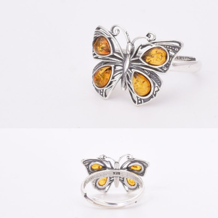 Inel argint reglabil cu chihlimbar Fluture [1]