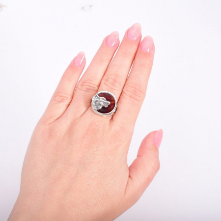 Inel argint reglabil cu chihlimbar Lupul Care Urla la Luna [2]