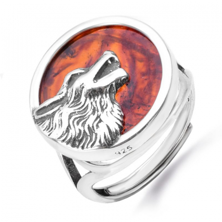 Inel argint reglabil cu chihlimbar Lupul Care Urla la Luna [0]