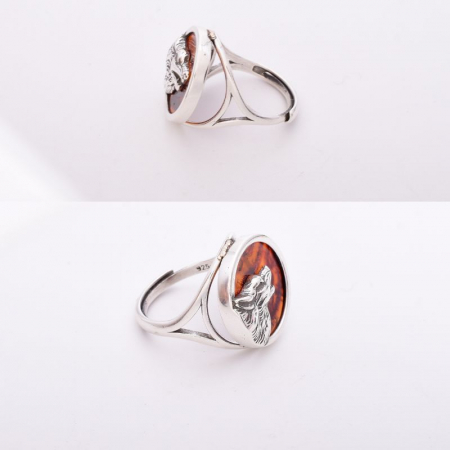 Inel argint reglabil cu chihlimbar Lupul Care Urla la Luna [3]