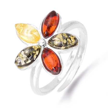 Inele argint cu pietre - Inel argint reglabil cu chihlimbar, model floral