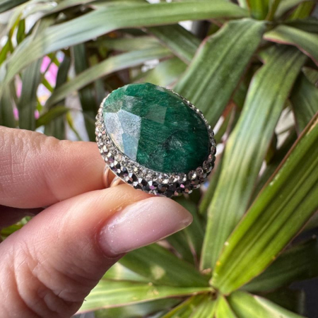 Inel argint reglabil cu smarald briolette oval, hematit, CZ [2]