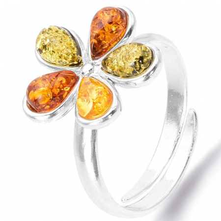 Inel argint reglabil Floare cu chihlimbar multicolor [0]