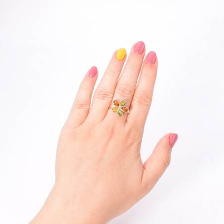 Inel argint reglabil Floare cu chihlimbar multicolor [1]