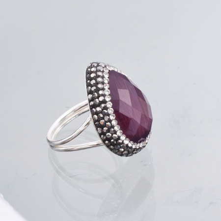 Inel argint reglabil cu piatra ochi de pisica violet, hematit, CZ [1]