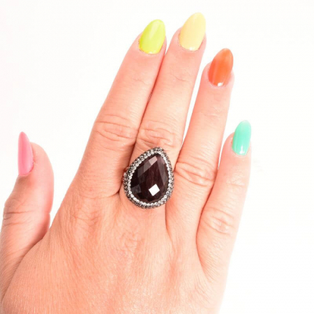 Inel argint reglabil cu piatra ochi de pisica violet, hematit, CZ [4]