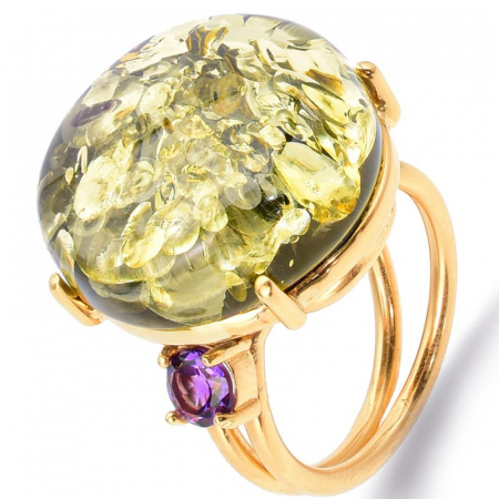 Inel argint reglabil, placaj aur, chihlimbar verde si ametist [0]