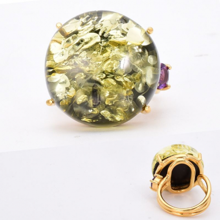 Inel argint reglabil, placaj aur, chihlimbar verde si ametist [2]