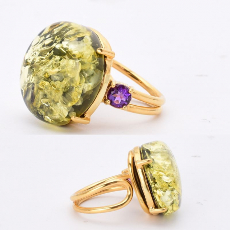 Inel argint reglabil, placaj aur, chihlimbar verde si ametist [1]