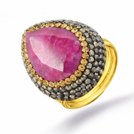 Inel argint reglabil pietre rubin, hematit, CZ