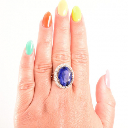 Inel argint reglabil - rodiu, piatra safir albastru oval, CZ [2]