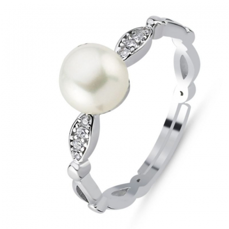 Inele argint cu pietre - Inel argint solitaire cu perla si cubic zirconia, marime reglabila