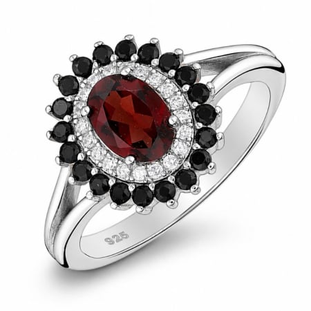 Inel de argint cu granat, spinel negru, CZ alb