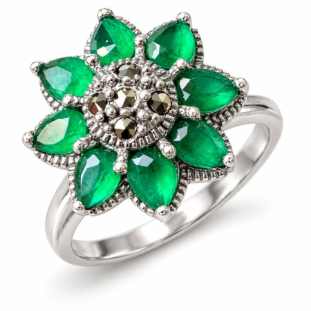 Bijuterii pietre semipretioase - Inel de argint cu onix verde si marcasite, model floral