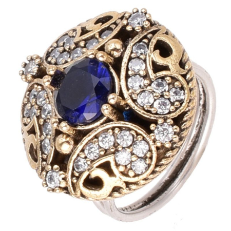 Inel de argint reglabil rotund cu CZ albastru, alb