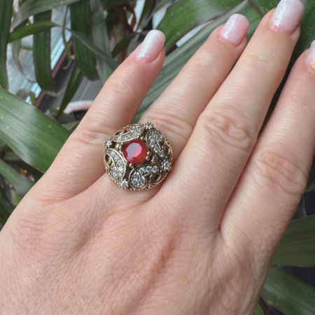 Inel de argint reglabil rotund cu CZ rosu, alb [1]