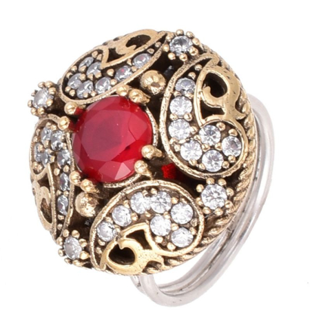 Inel de argint reglabil rotund cu CZ rosu, alb