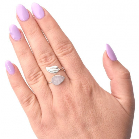 Inel reglabil de argint Frunza cuart roz [2]